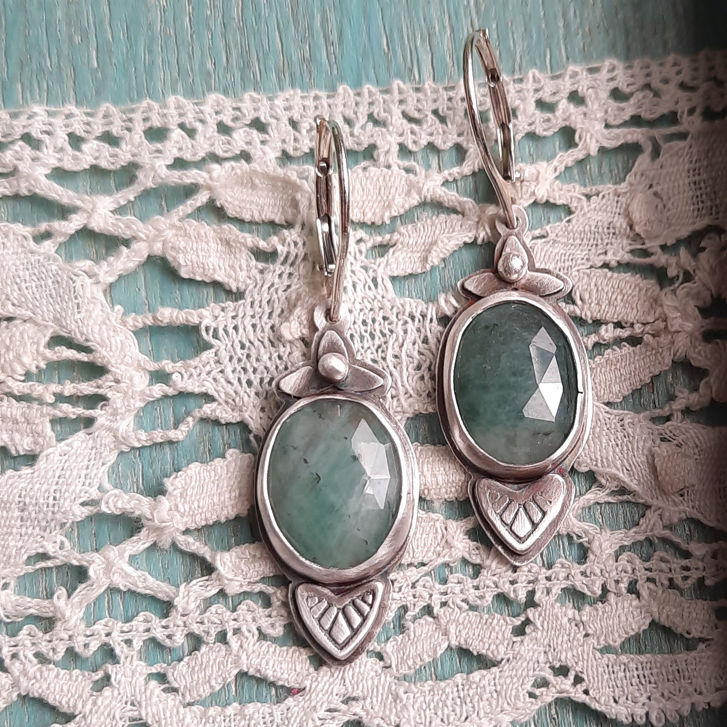 Rose Cut Raw Emerald Sterling Silver Earrings