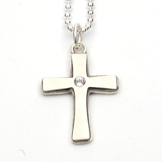 Chunky Cross Pendant with White Topaz